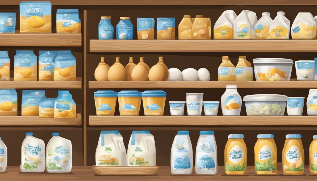 A variety of dairy and egg products displayed on wooden shelves at a local food coop in Sparks, NV