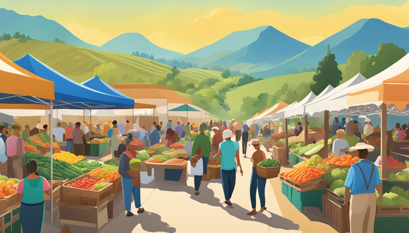 A bustling farmers' market with colorful produce, local vendors, and a diverse crowd, set against a backdrop of rolling hills and a bright blue sky