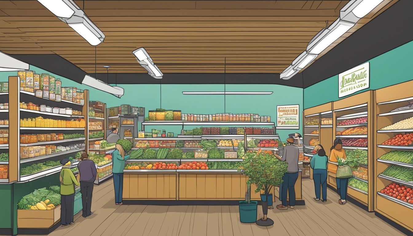 A bustling local food co-op in Bellevue, WA showcases a colorful array of specialty food offerings from local producers. Shelves are stocked with artisanal products and fresh produce, while customers browse the selection