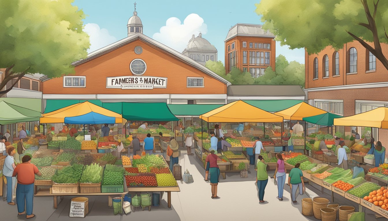 A bustling farmers market with diverse vendors and customers, surrounded by a vibrant community garden and local food co-op building