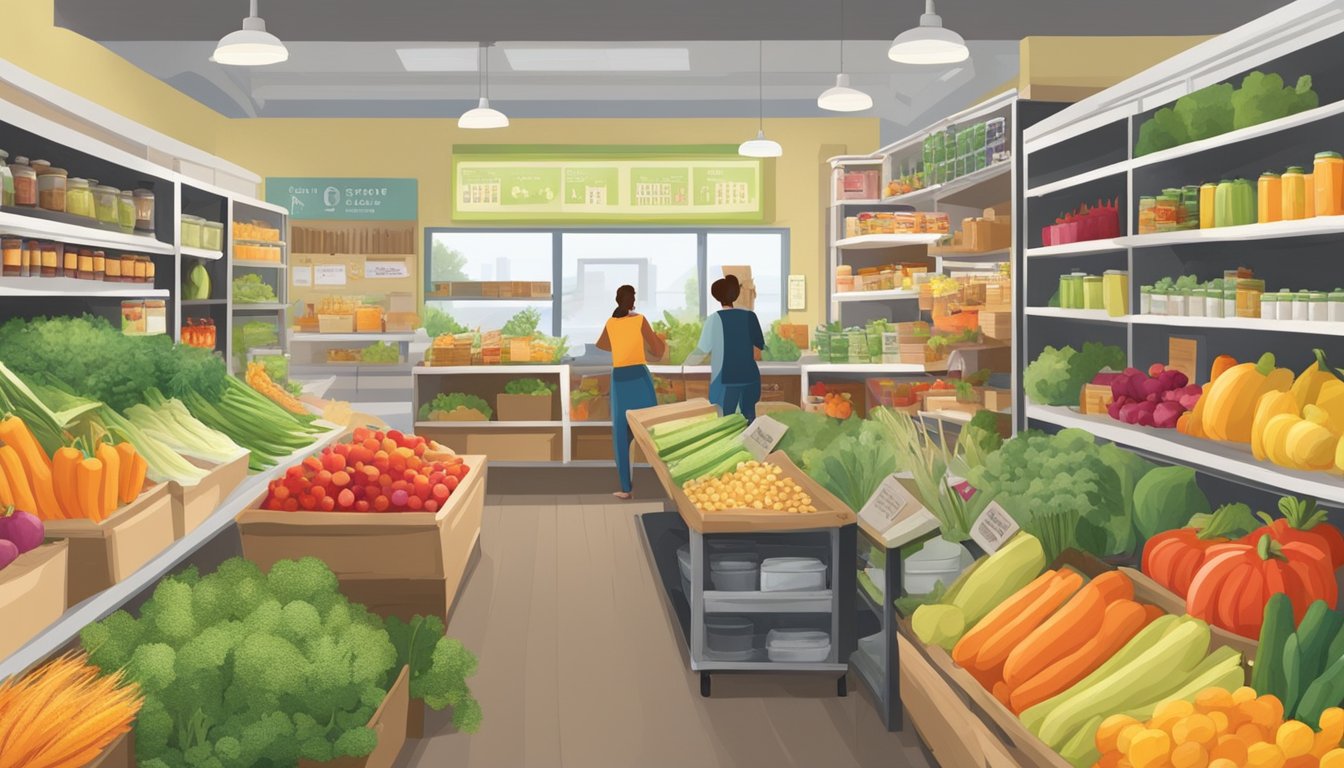 A bustling local food co-op with colorful produce, shelves of organic products, and a busy bulletin board filled with community events and educational workshops