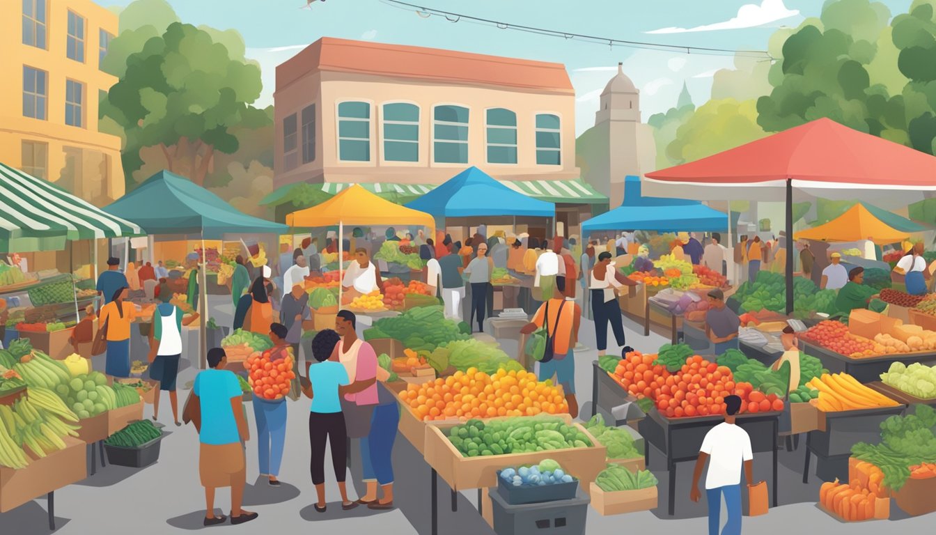 A bustling farmers market with colorful produce, local vendors, and a diverse crowd of customers browsing and socializing