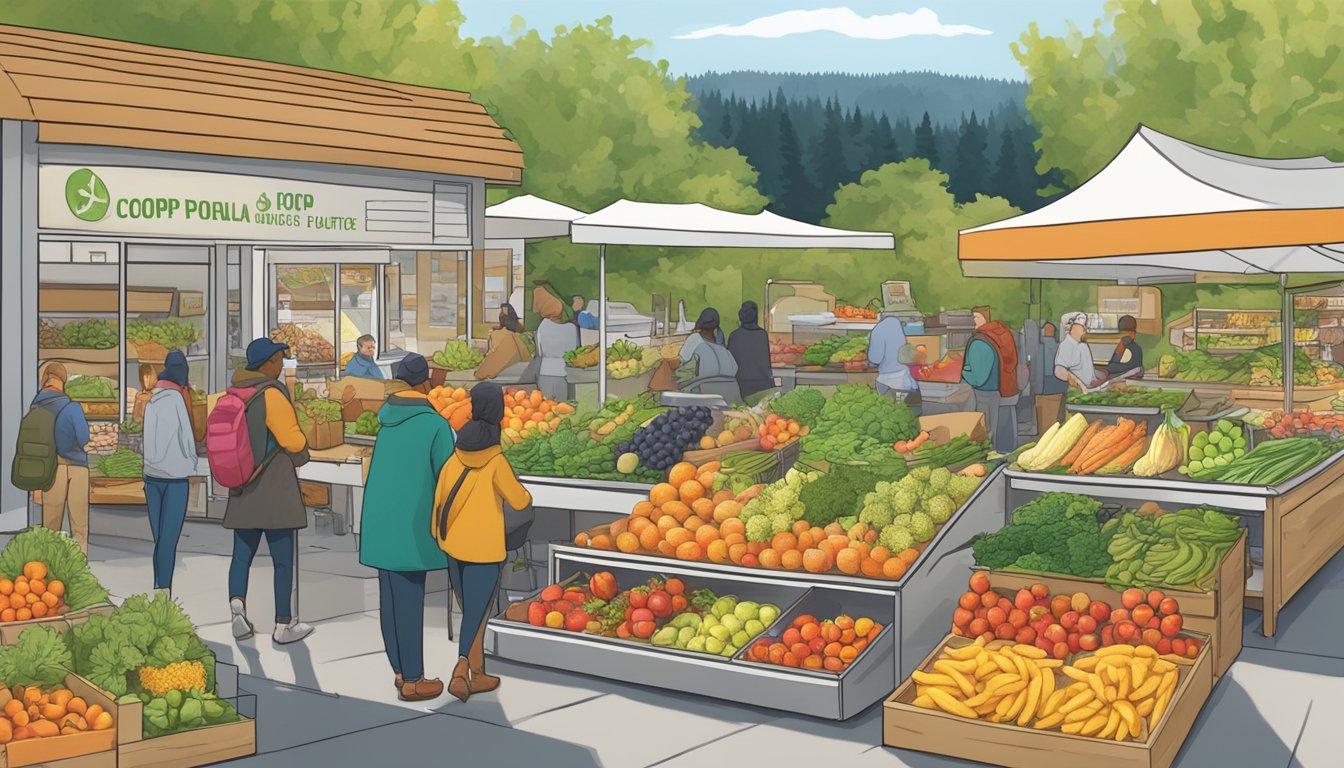 A bustling local food coop in Bellevue, WA, with colorful produce, artisanal products, and seasonal activities