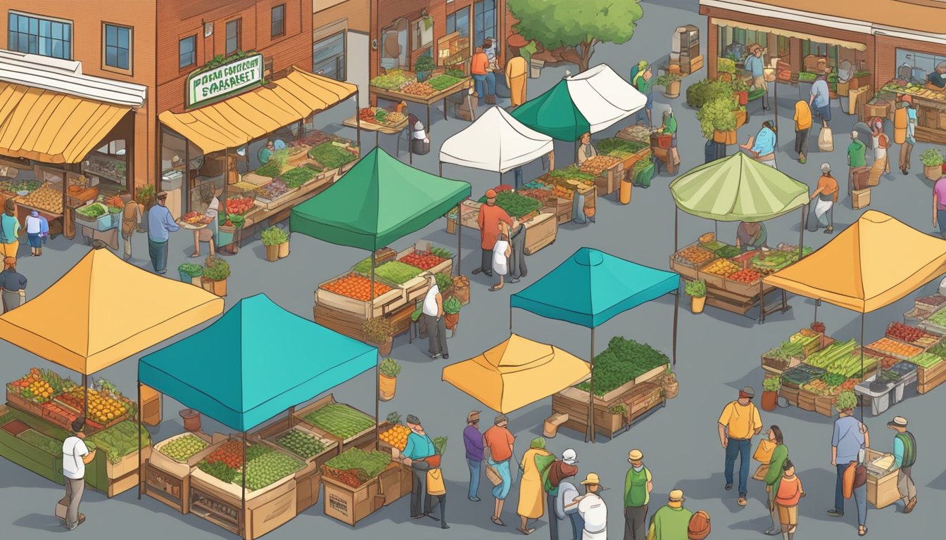 A bustling farmers' market with colorful produce stalls and local restaurants showcasing their farm-sourced ingredients in Greeley, CO