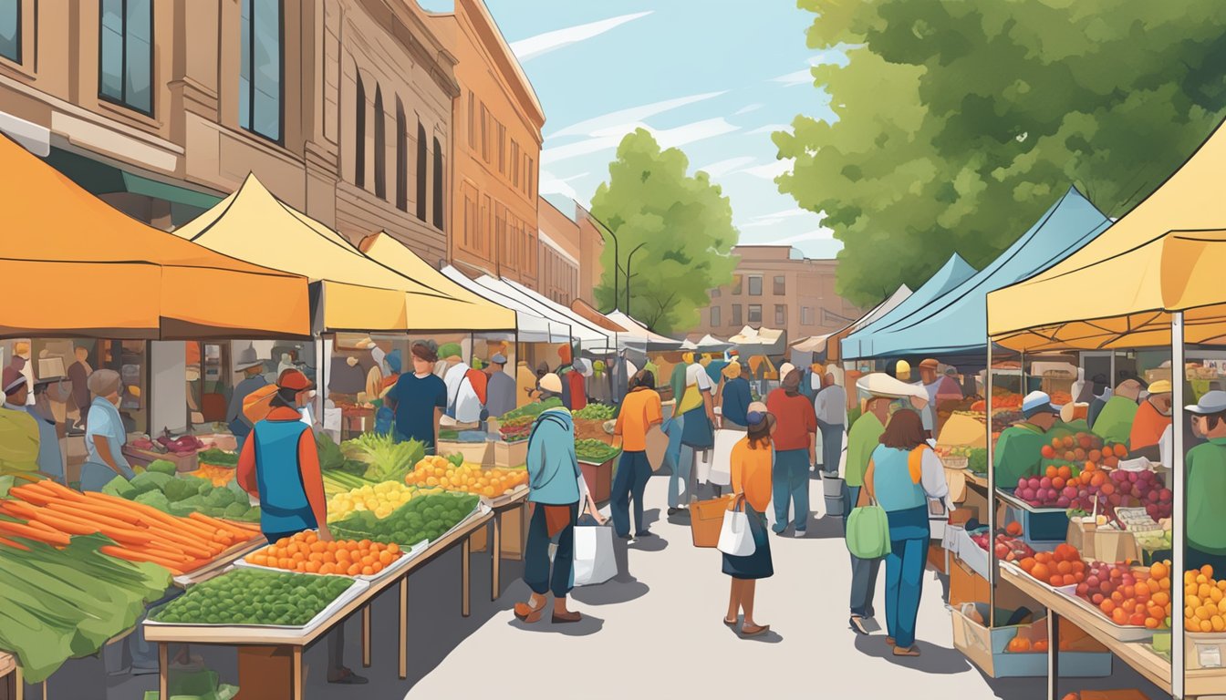 A bustling farmers' market with colorful stalls filled with locally grown fruits, vegetables, and artisanal products in Greeley, CO