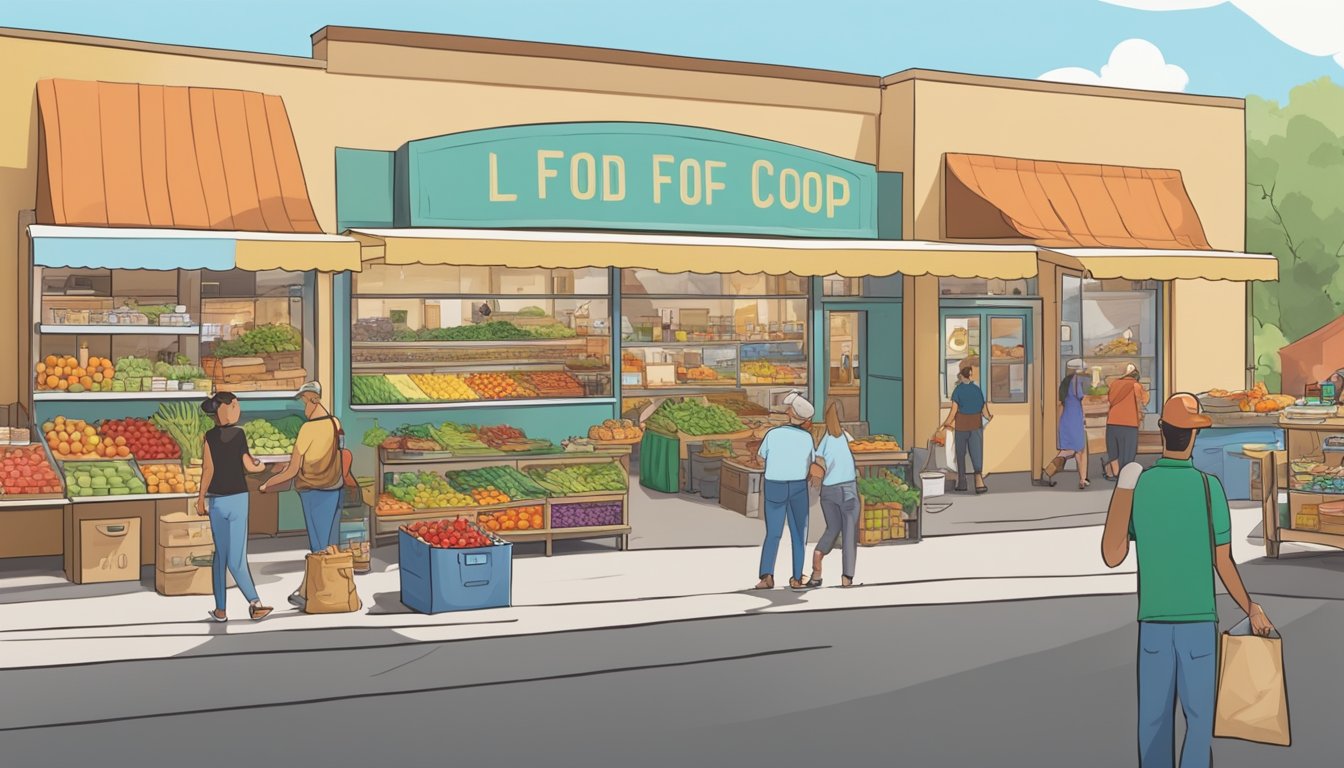 A bustling local food coop in Menifee, CA, filled with colorful produce, artisanal goods, and friendly vendors