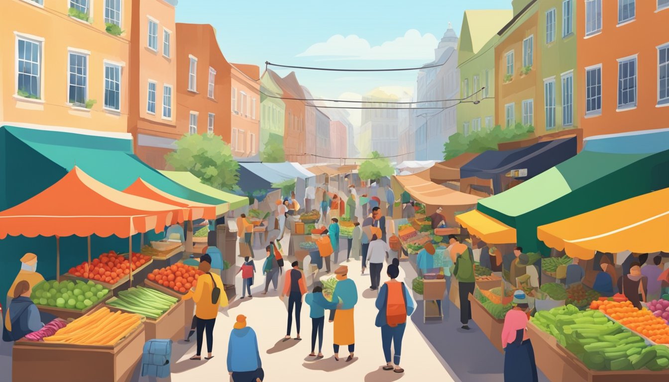 A bustling outdoor market with colorful tents and fresh produce, surrounded by eager shoppers and friendly vendors