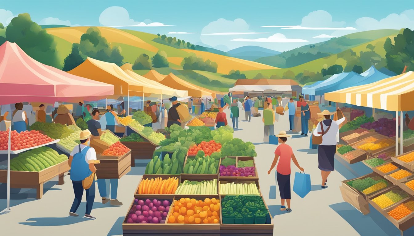 A vibrant local farmers' market with colorful produce, bustling with vendors and customers. Surrounding by rolling hills and a clear blue sky