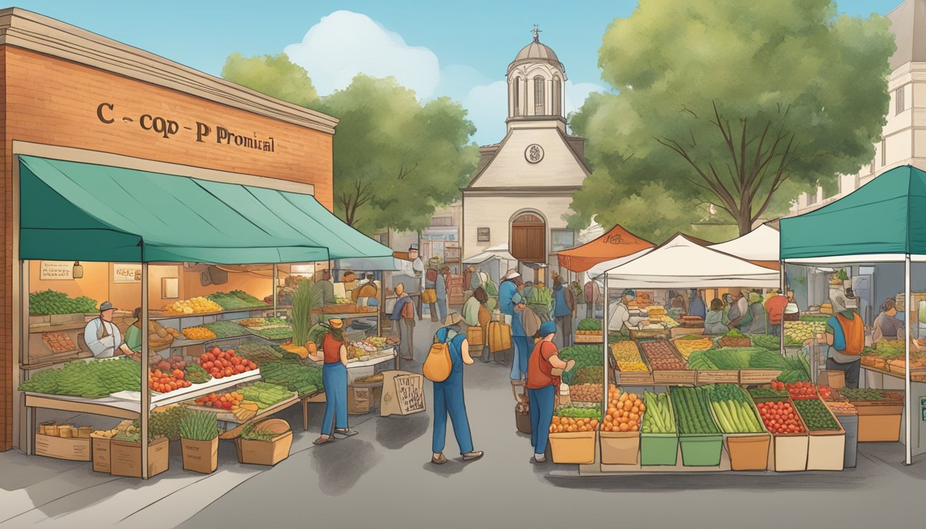 A bustling farmers market with various vendors selling fresh produce, baked goods, and artisanal products. The Co-Op logo prominently displayed