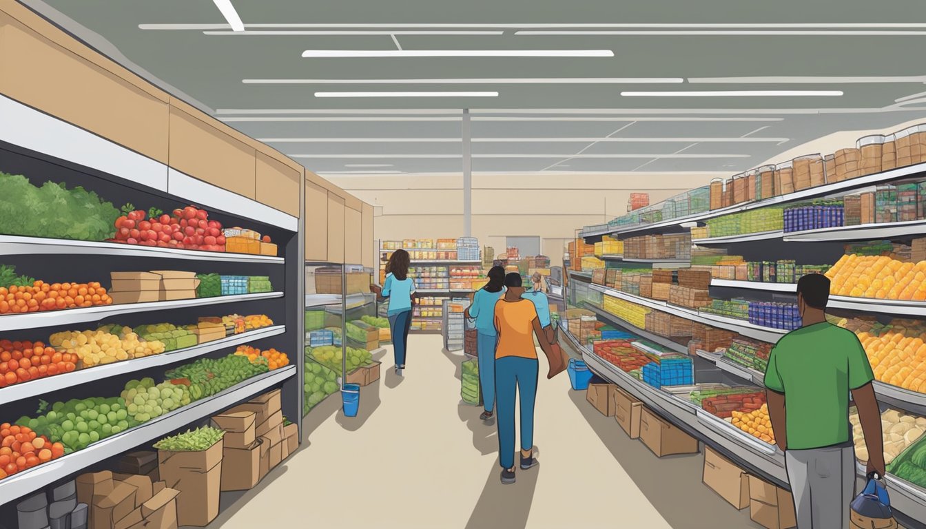 A bustling food co-op in Menifee, CA, with shelves stocked full of fresh produce, canned goods, and other essential items. Customers browse the aisles, while volunteers help organize donations