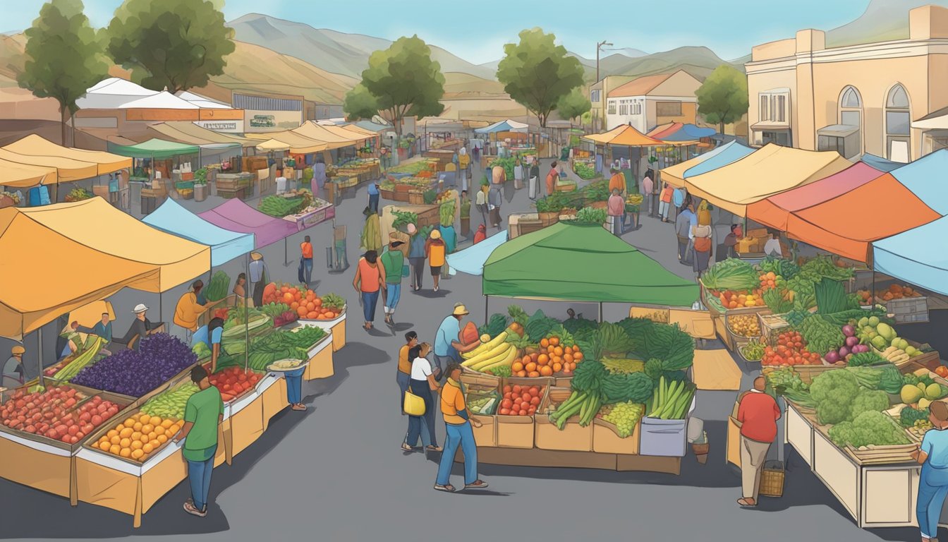 A bustling farmers' market with colorful stalls and a variety of fresh produce in Menifee, CA. Busy shoppers browse the selection of locally grown fruits and vegetables