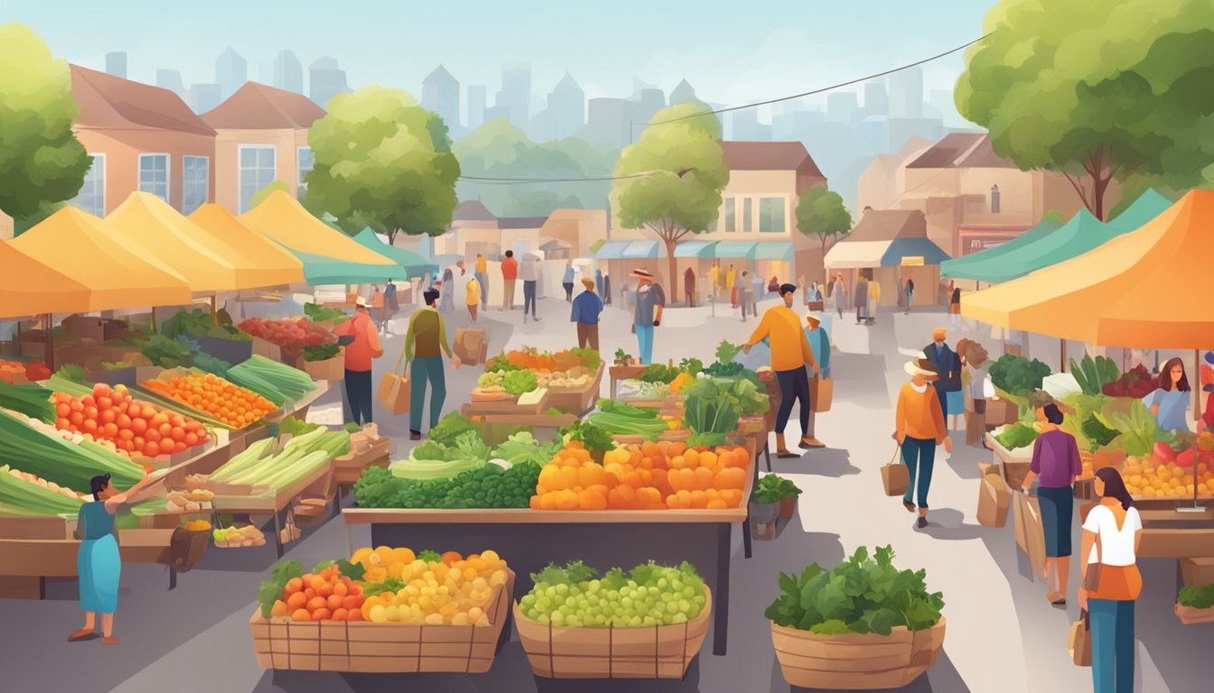 A bustling farmers market with colorful stalls and a variety of fresh produce. Customers and farmers interact, exchanging goods and smiles