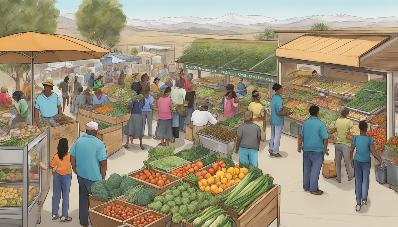 A bustling local food coop in Menifee, CA, with diverse produce and community members advocating for food security