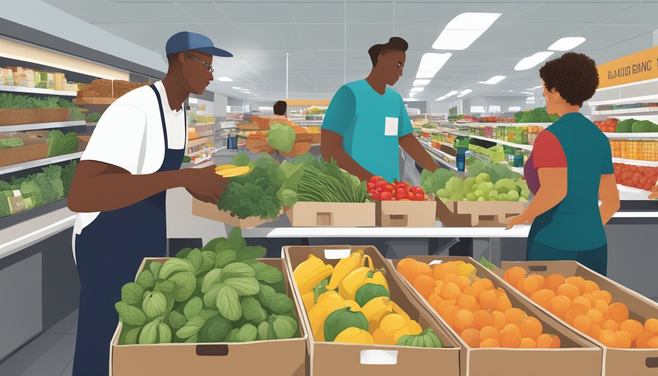 A bustling local food coop in Hollywood, FL, with volunteers assisting customers and shelves stocked with fresh produce and pantry staples