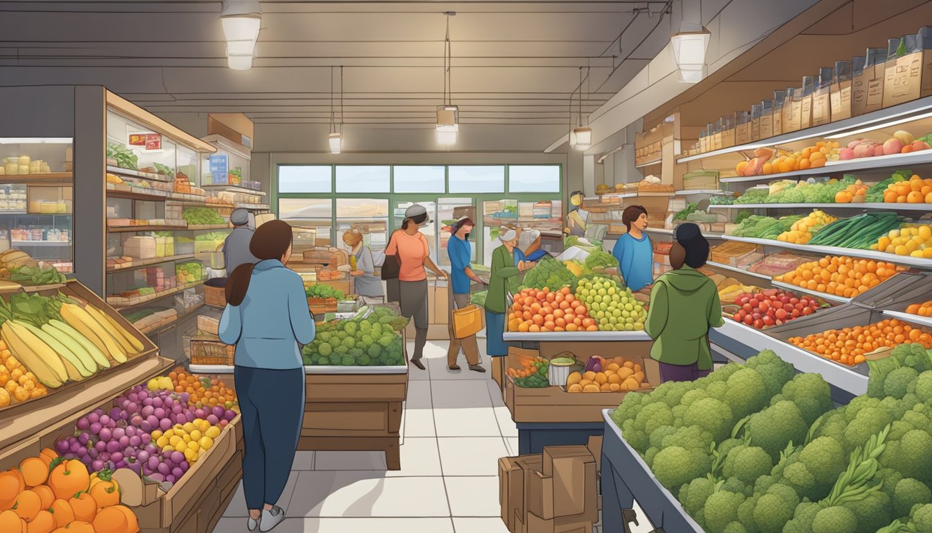 A bustling food coop with colorful produce, shelves of local goods, and friendly staff assisting customers