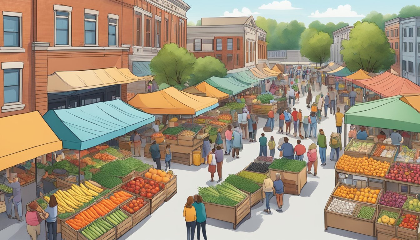 A bustling farmers market with colorful produce, artisanal goods, and friendly vendors, surrounded by a diverse community in Rockford, IL