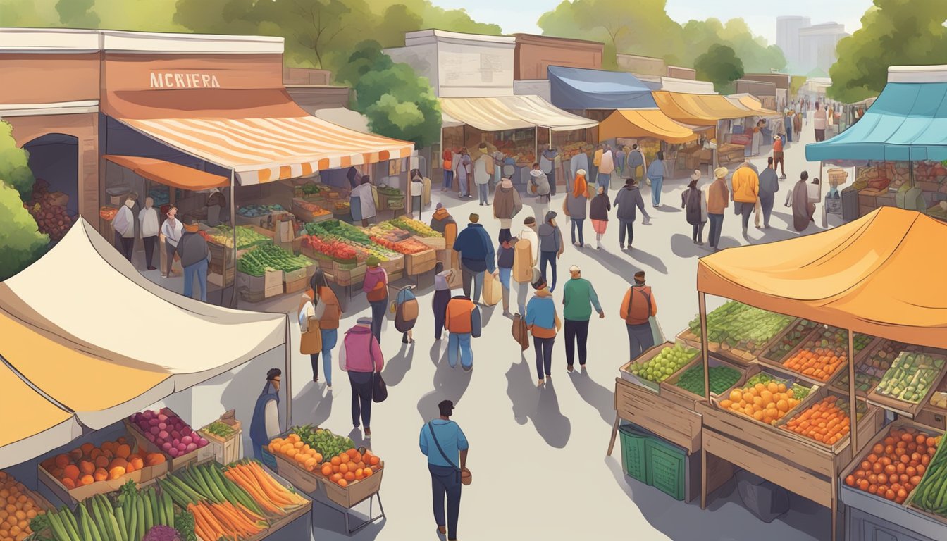 A bustling farmers' market, with colorful stalls of fresh produce, homemade goods, and local artisans, surrounded by a diverse community of shoppers