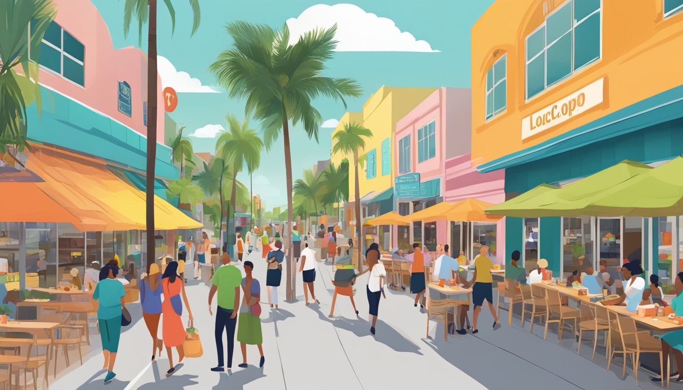 A bustling street lined with local restaurants and food co-ops in Hollywood, FL, with colorful signage and people enjoying fresh, locally sourced food