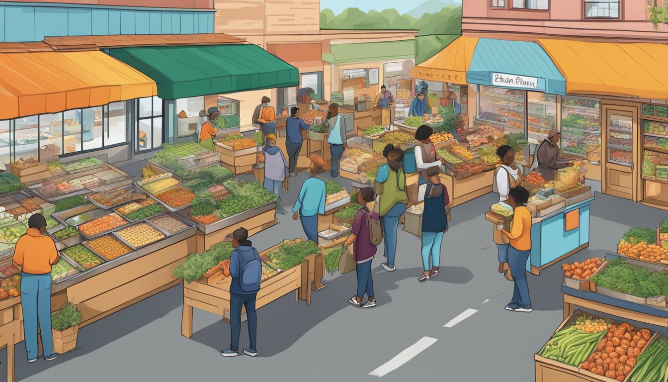 A bustling local food coop with diverse vendors and customers browsing and interacting. Bright, colorful signage and displays highlight support and development strategies