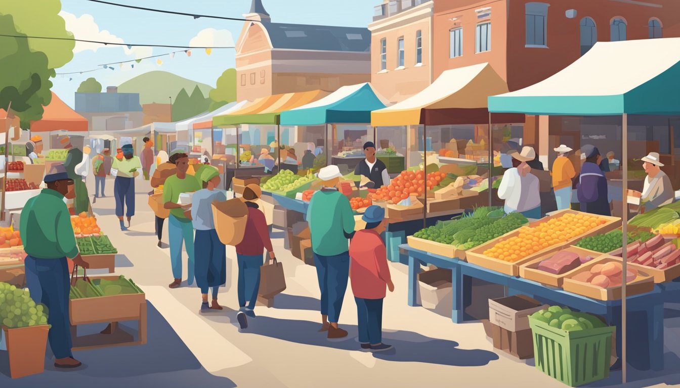 A bustling farmers' market with various vendors selling fresh produce, dairy, and meat. Customers browse the colorful displays while chatting with local farmers