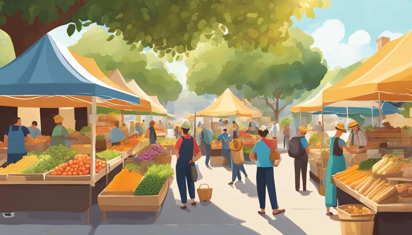 A bustling farmer's market with colorful produce, local honey, and fresh bread. Customers chat with vendors under a sunny sky