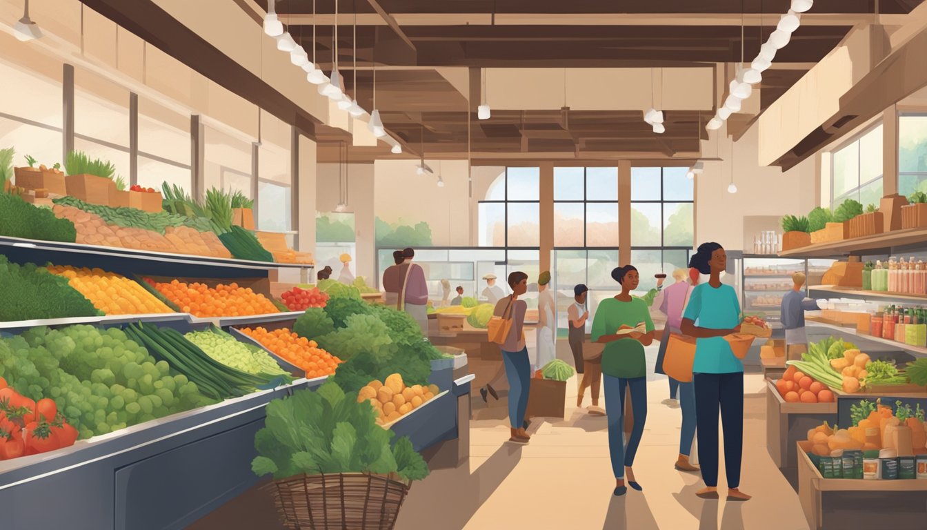 A bustling local food co-op with fresh produce, shelves stocked with organic goods, and customers chatting with vendors