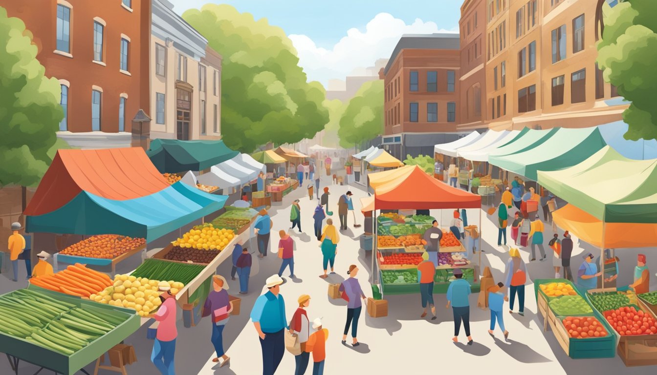 A bustling farmers' market with colorful stalls, fresh produce, and local vendors in Rockford, IL