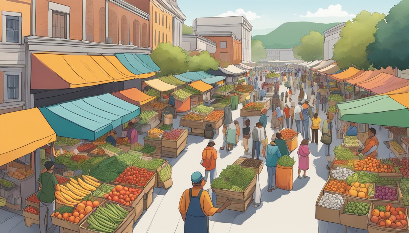 A bustling outdoor market with colorful stalls filled with fresh fruits, vegetables, and local produce. Shoppers browse the selection while vendors proudly display their goods