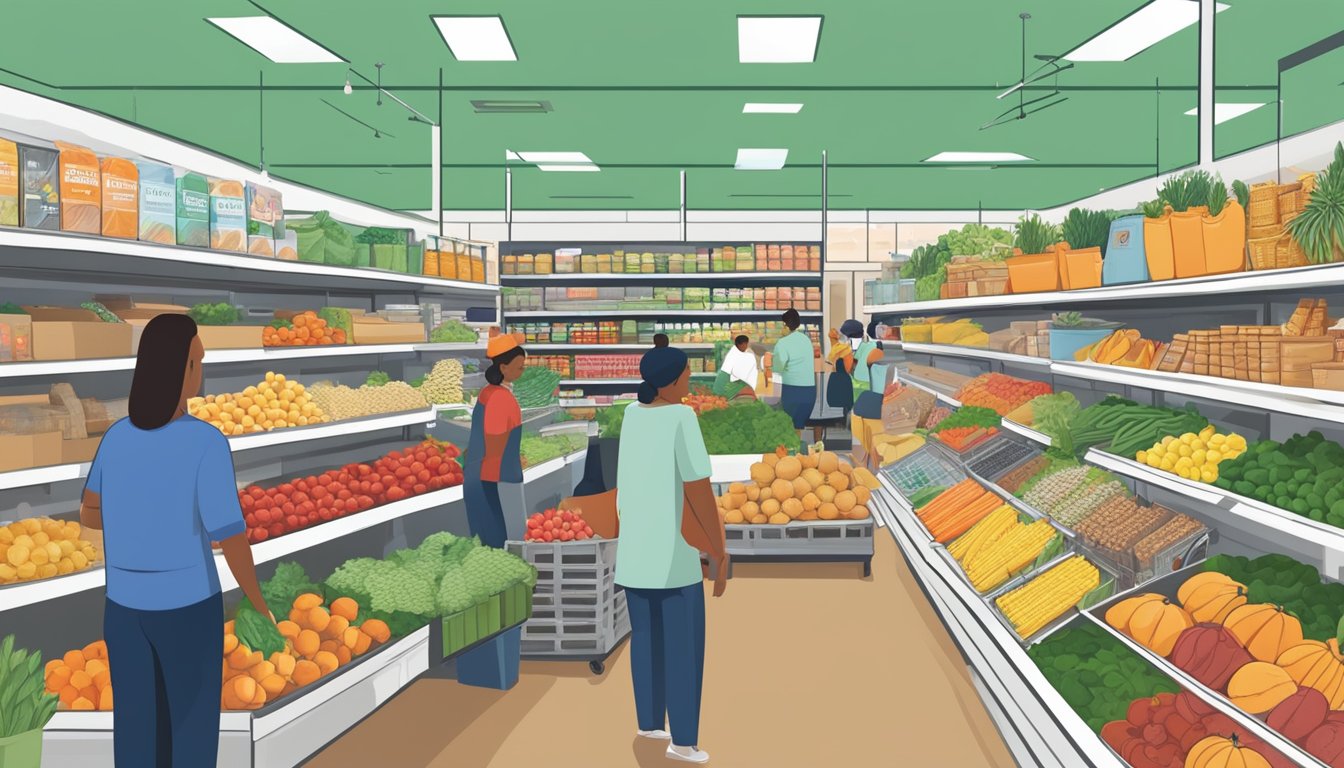 A bustling local food co-op in Sugar Land, TX, with shelves stocked full of fresh produce, artisanal goods, and friendly staff assisting customers