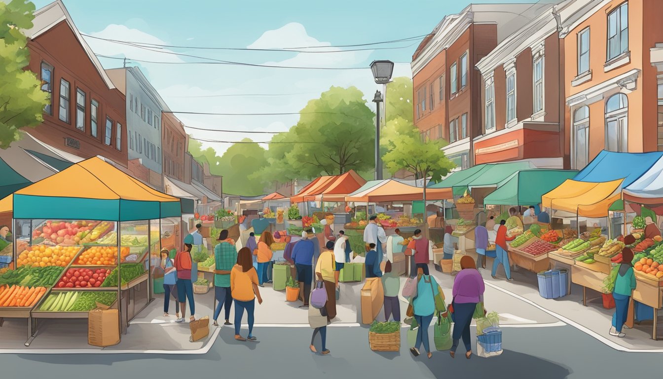 A bustling farmers' market with colorful produce and local vendors, surrounded by a diverse community in Edison, NJ