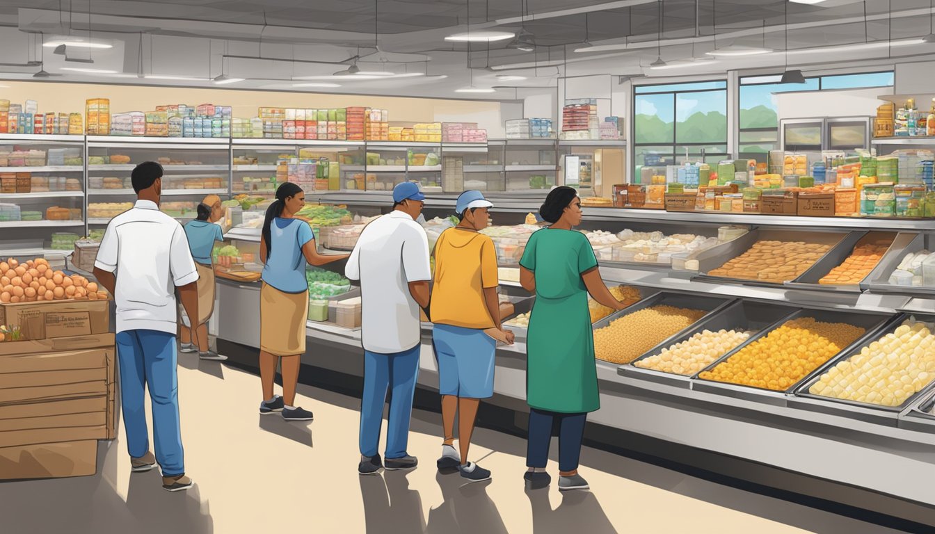 A bustling local food coop in Sugar Land, TX, filled with shelves of dairy and poultry products. Customers browse the selection while friendly staff assist