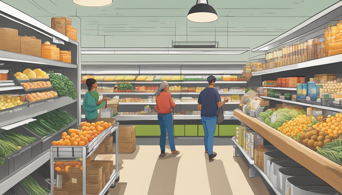 A bustling food co-op in Edison, NJ, with shelves stocked full of locally sourced produce, grains, and dairy products. Customers browse the aisles, chatting with vendors and selecting their favorite items