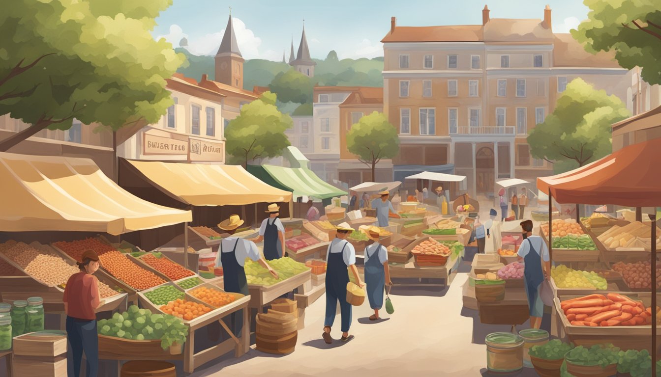 A bustling farmer's market with stalls of fresh meat and jars of honey, surrounded by rolling fields and a quaint town in the distance