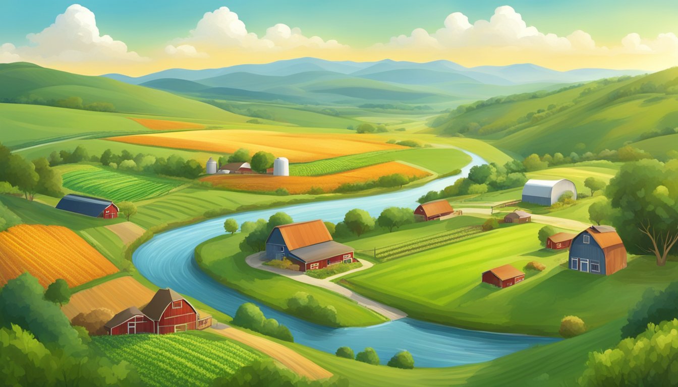 A lush, vibrant farm with diverse crops and livestock, surrounded by rolling hills and clear streams. Renewable energy sources power the farm, and wildlife thrives in the surrounding natural landscape