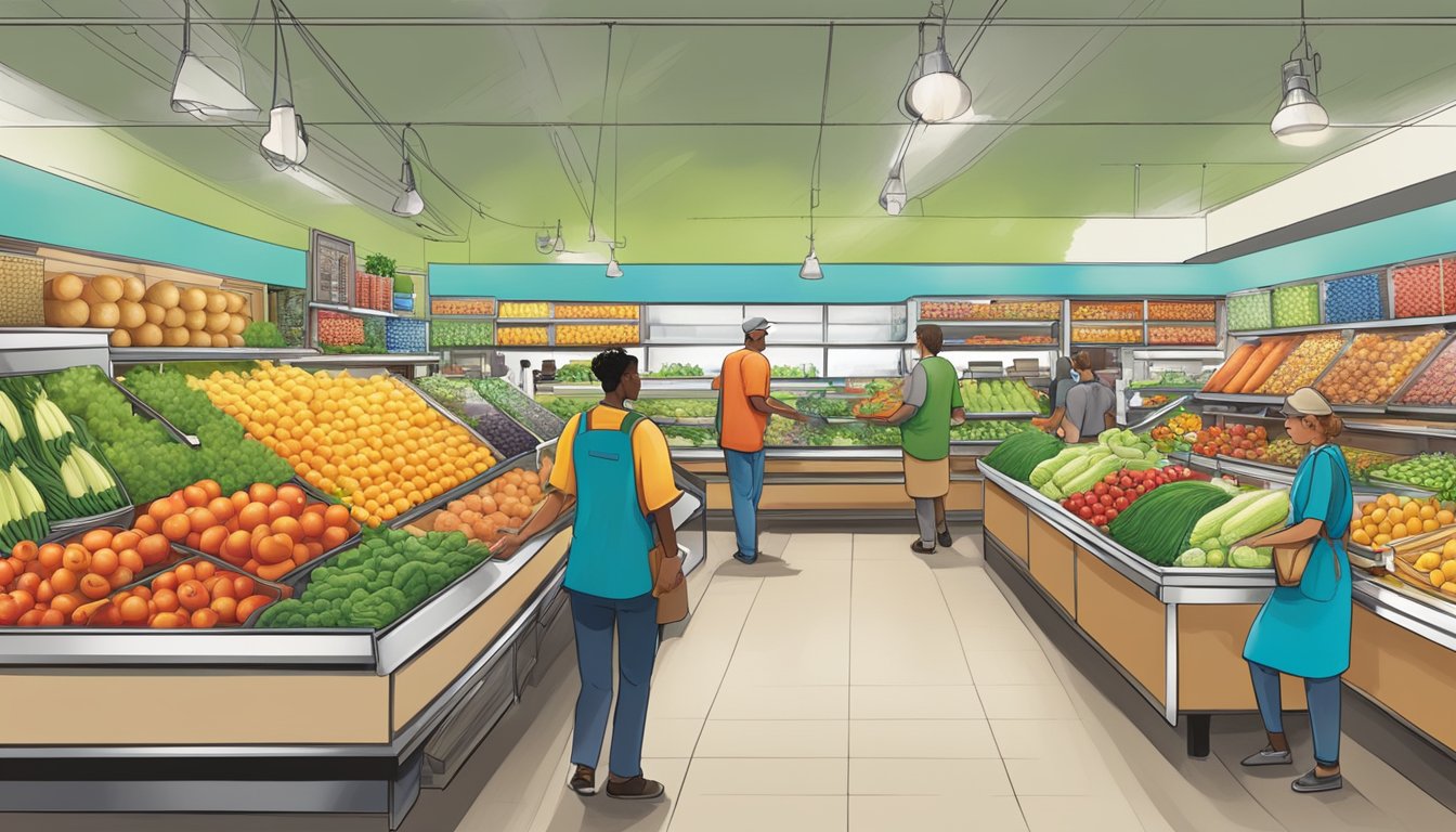 A bustling local food co-op in Rockford, IL, with colorful displays of fresh produce and friendly staff assisting customers