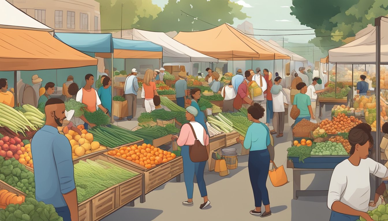 A bustling farmer's market with diverse vendors and customers browsing fresh produce and homemade goods