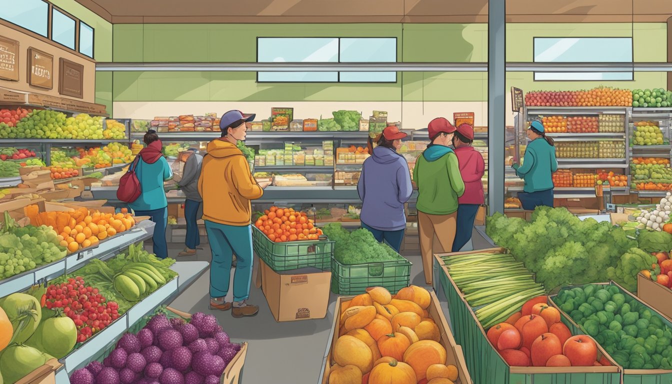 A bustling local food co-op in Rockford, IL, with colorful produce, shelves stocked with goods, and customers browsing the aisles