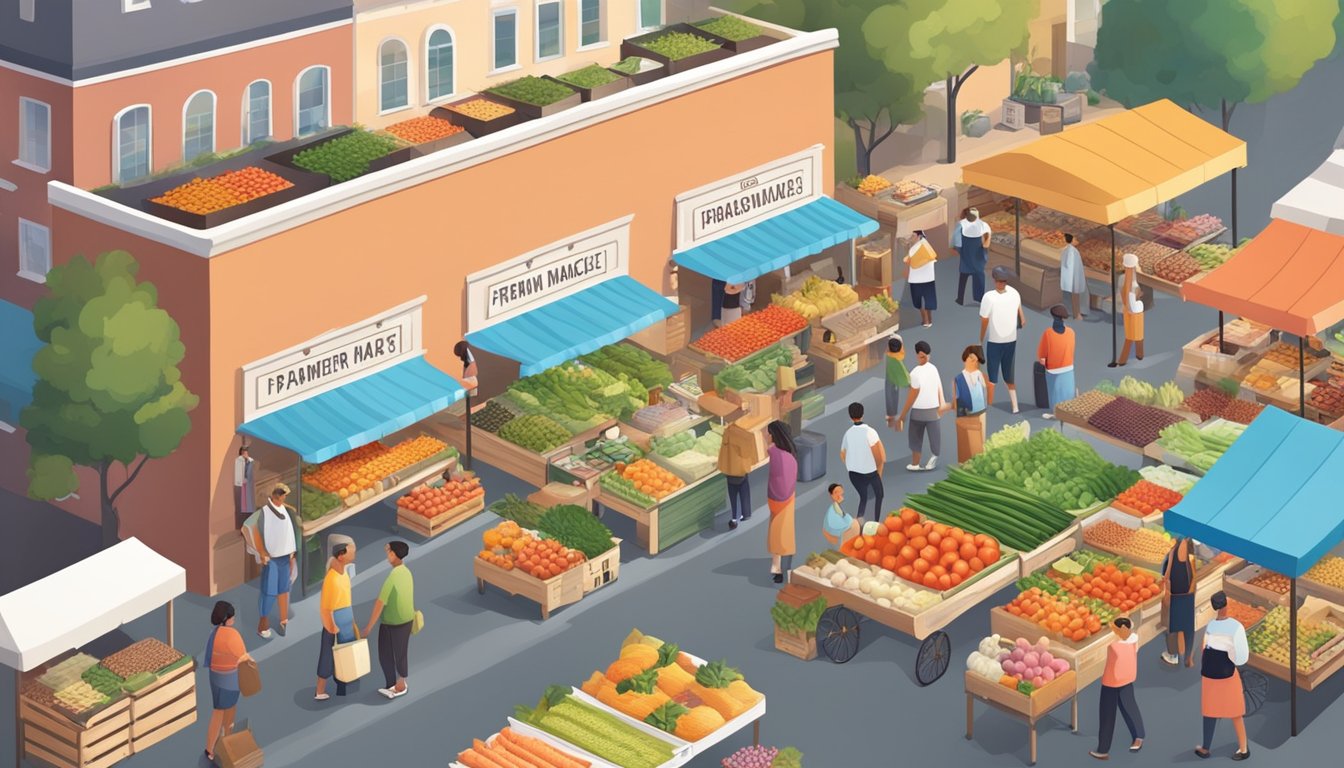 A bustling farmer's market with vendors selling fresh produce and locally made goods, surrounded by a diverse community of shoppers