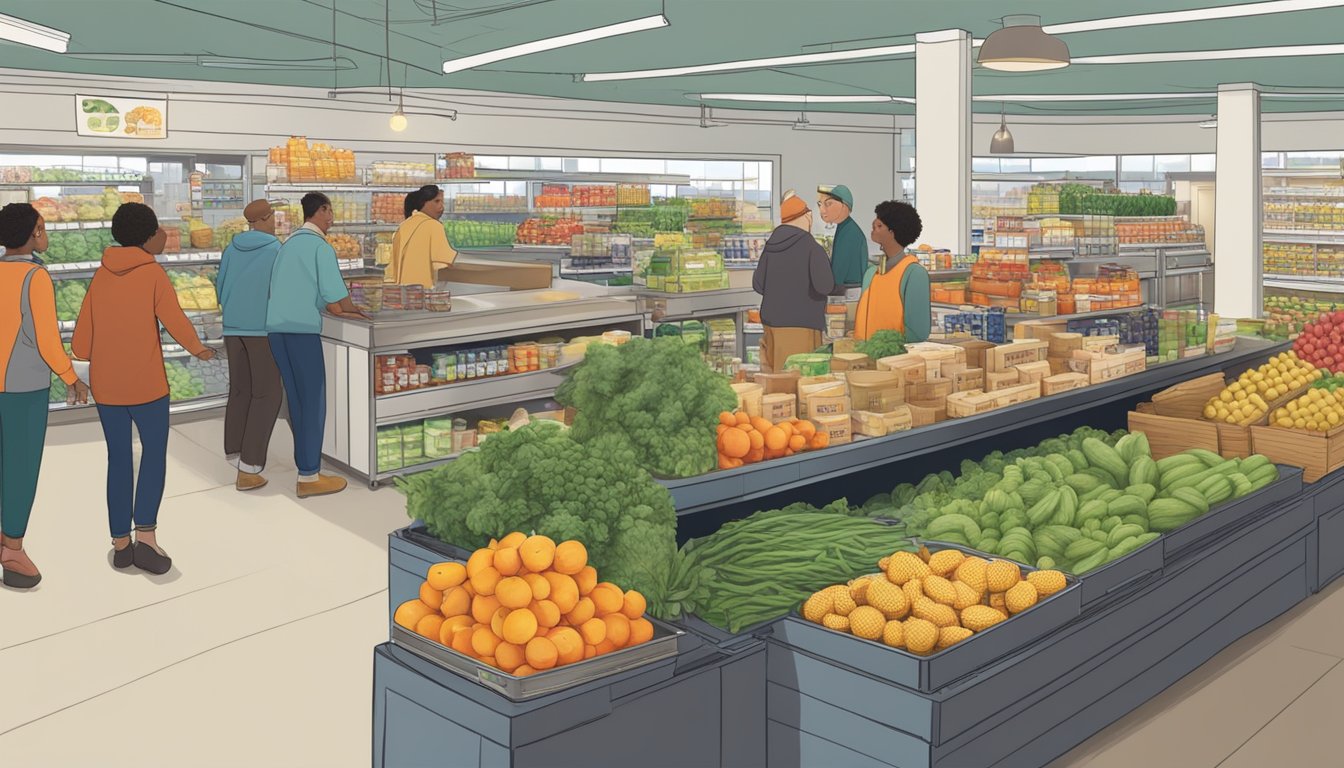 A bustling local food co-op in Edison, NJ, with diverse produce, shelves of canned goods, and a busy checkout counter