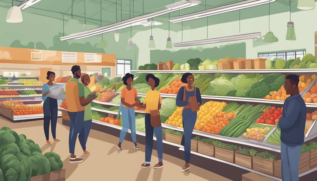 A diverse group of people shopping for fresh produce and groceries at the local food co-op, discussing benefits and responsibilities of membership