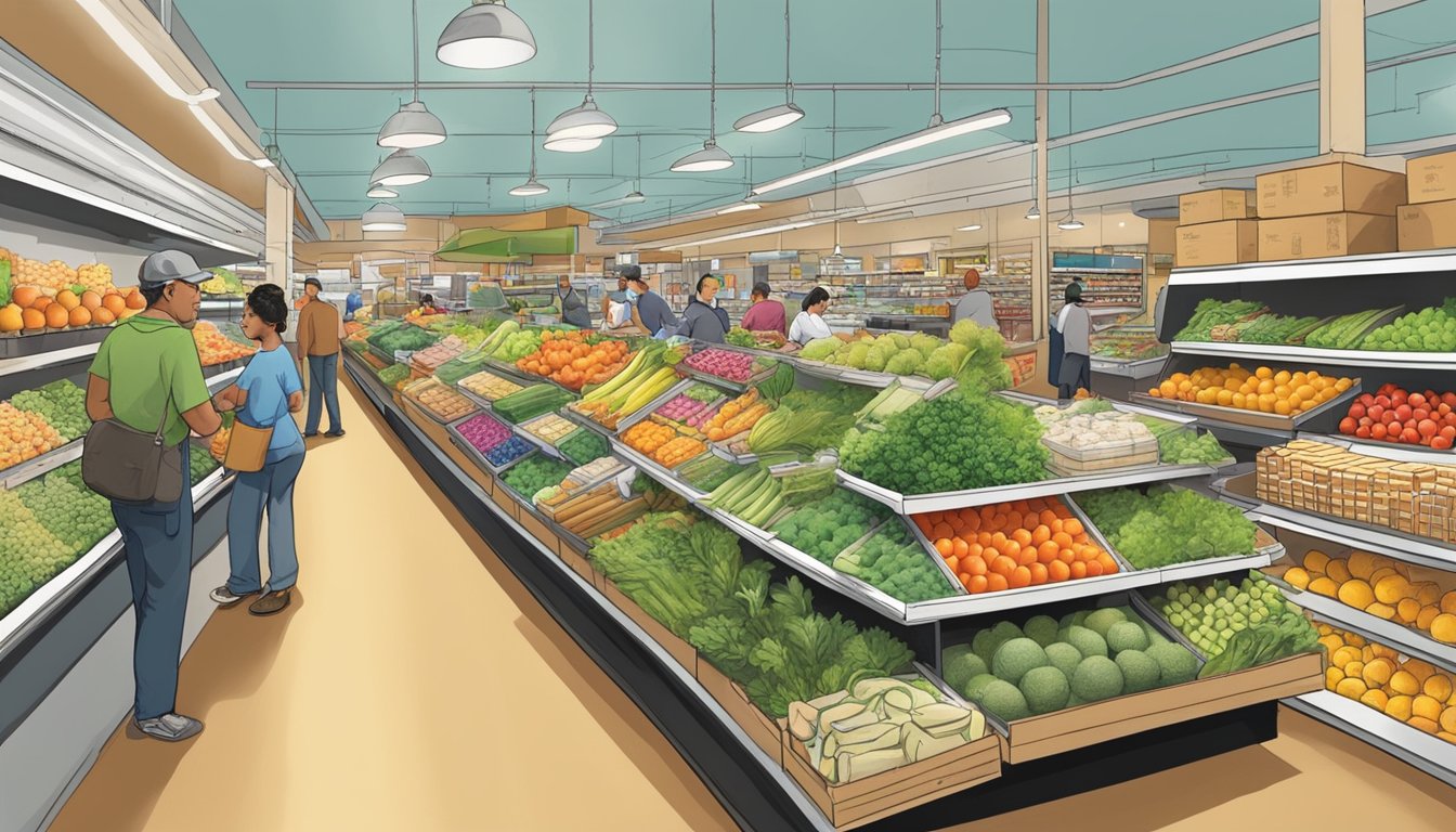 A bustling local food coop in Edison, NJ, with colorful produce displays, shelves stocked with organic goods, and customers browsing the aisles