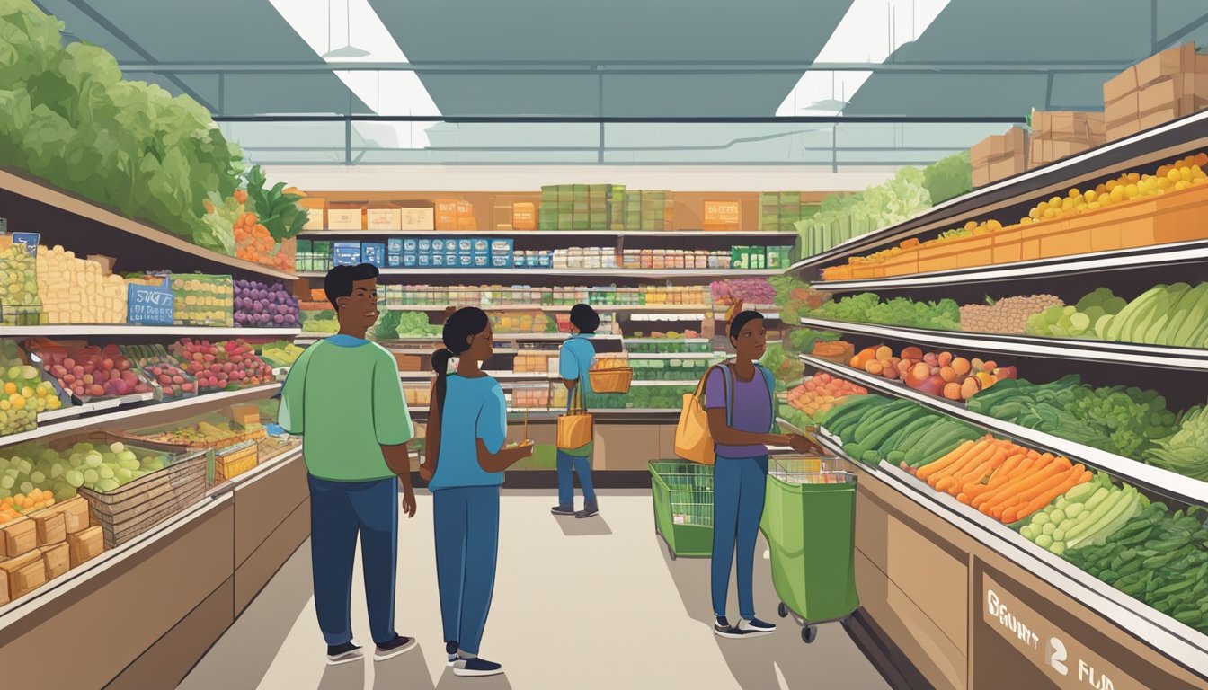 A bustling food co-op in Pomona, CA, with shelves stocked full of fresh produce, local goods, and a diverse array of bulk items. Customers chat with staff as they shop, creating a vibrant community atmosphere