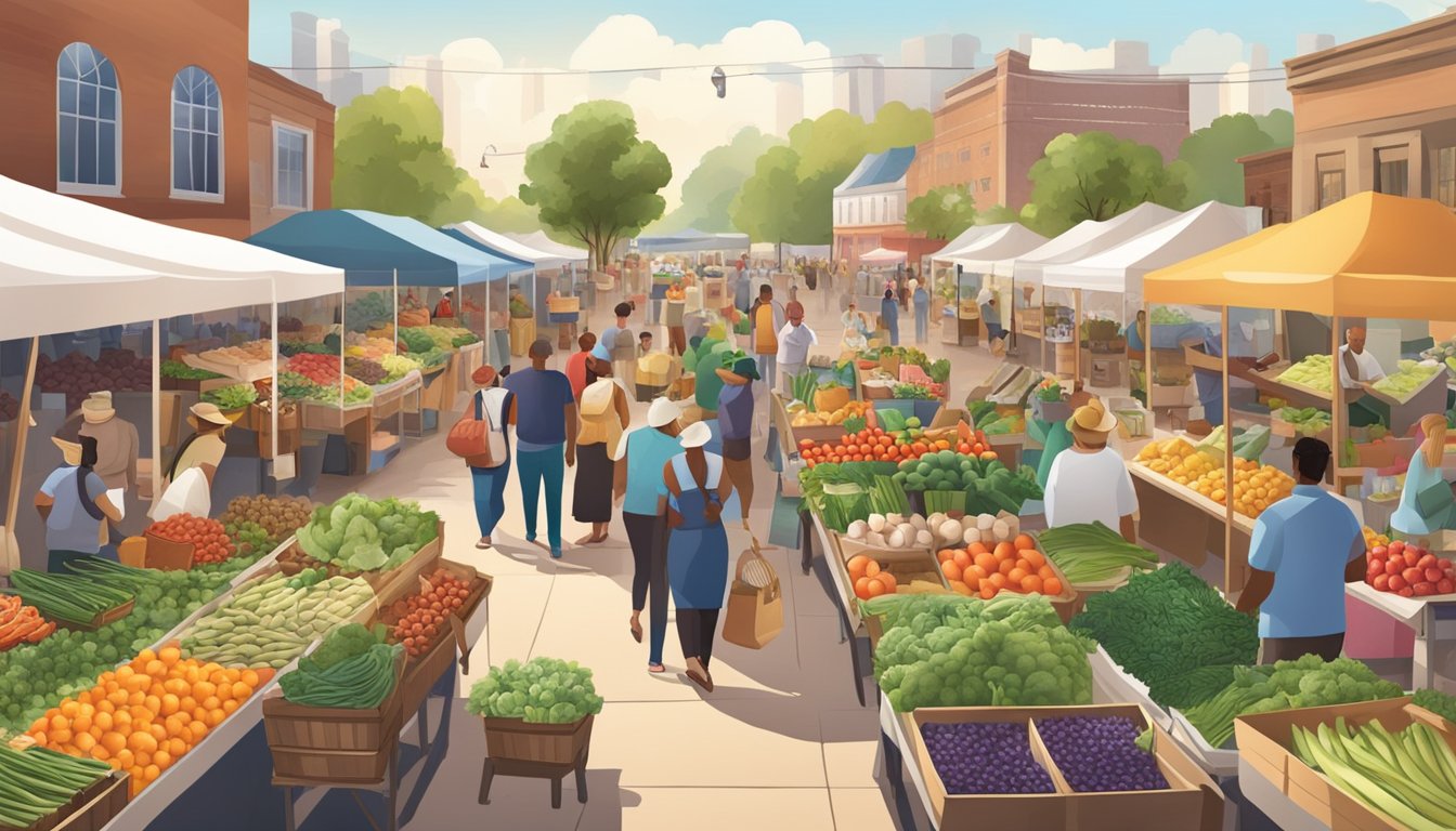 A bustling farmers' market with a variety of local produce and products, surrounded by a diverse community of vendors and customers