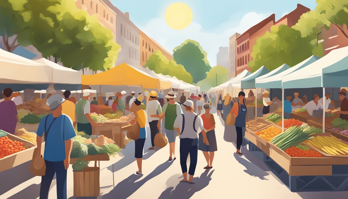 A bustling farmers market with colorful stalls offering fresh produce, artisanal breads, and locally-made goods. The sun shines down on the vibrant scene, with people browsing and chatting with vendors