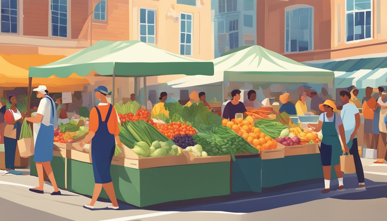 A bustling farmer's market with a variety of fresh produce, artisanal goods, and smiling faces. The sun shines down on the vibrant scene, with people chatting and exchanging goods