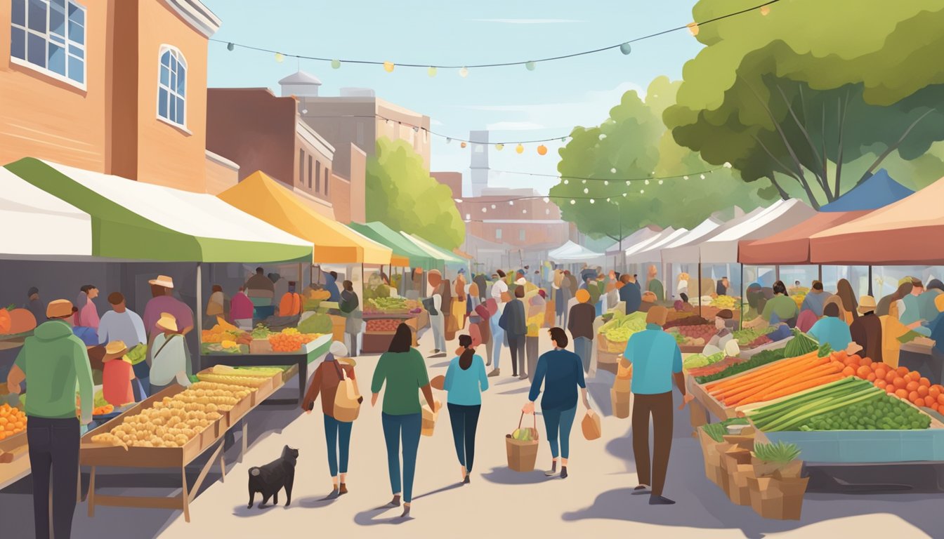 A bustling farmers market with colorful stalls and a diverse array of locally grown produce, surrounded by a community of eager shoppers