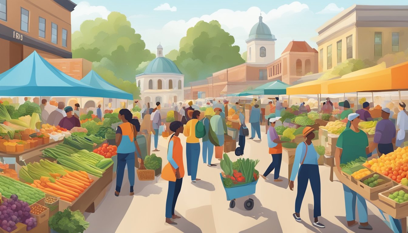 A bustling farmers market with colorful produce, a variety of local food vendors, and a diverse group of customers browsing and purchasing fresh, sustainable goods