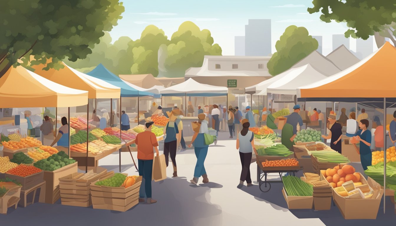 A bustling farmers market with various stalls selling fresh produce, baked goods, and homemade products. Customers browse and chat with vendors