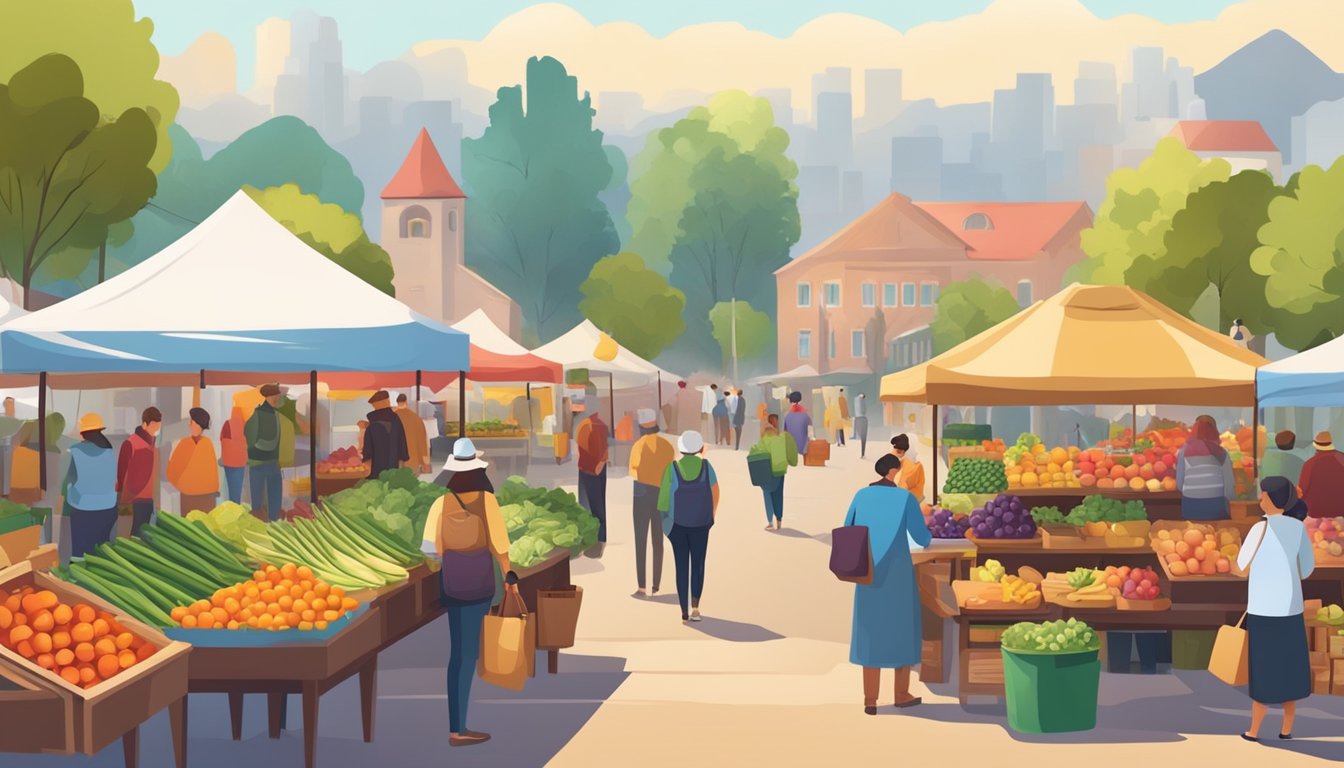 A bustling farmers' market with colorful stalls and local produce. Busy customers browse through fresh fruits, vegetables, and artisanal goods