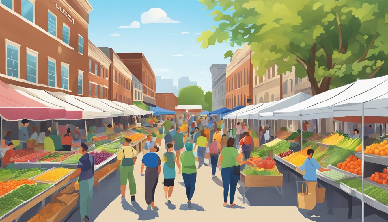 A bustling farmers' market with colorful stalls and fresh produce in Joliet, IL